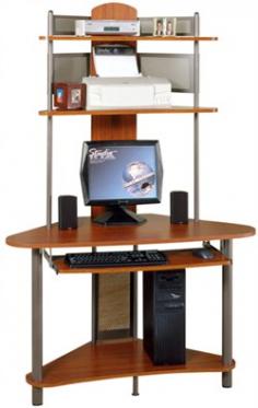 Features: -Space saving design fits corners with plenty of desktop workspace-2 Upper shelves-Slide-out keyboard shelf-Steel tube construction for rigidity-Floor levelers adjust to uneven surfaces-Finish: Cherry-Desk Type: Computer desk-Top Finis.