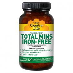 Country Life Total Mins Multi-Mineral Complex with Boron Iron-Free 120 Tablets Country Life Total Mins Target-Mins Multi-Mineral Complex with Boron Iron-Free is vegetarian and Kosher. Target-Mins are complexed with specific free form amino acids and other carriers for optimum mineral transport and provide 150 micrograms of iodine per daily serving. Minerals are inorganic elements not produced by plants. They are responsible for chemical reactions in the body. Country Life offers a full range of individual minerals and mineral complexes for all of your nutritional needs. Target-Mins are complexed with specific free form amino acids and other carriers for optimum mineral transport. When supplementing to meet your daily mineral needs, choose Country Life's more advanced Target-Mins minerals. Country Life Vitamins has been a leader in the field of nutritional supplements for 40 years. Country Life Vitamins family of brands includes popular sports nutrition brand, Biochem, muscle support brand, Iron-Tek and natural beauty and personal care brand, Desert Essence. When it comes down to taking care of your body, they don't believe in one size fits all products. Country Life offers many choices because no one person is exactly the same as another. From their factory to you, Country Life is dedicated to offering the highest quality supplements across a broad assortment of products so you can customize your nutritional regimen together with proper diet and exercise to be at your healthy best. You should also be aware that they pay special attention to allergens and mark their labels clearly so you know exactly what's in Country Life products. Did you know all Country Life, Biochem, and Iron-Tek products are certified gluten-free by the GFCO? When possible they source to keep other offenders like soy and dairy out of their products. They also respect consumers with dietary preferences.