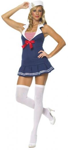 Ahoy mateys! Set sail for some rollicking good times when you wear this Adult Sailor Girl Costume. This seafaring outfit includes a red, white, and blue collared dress with a pleated skirt and a halter top. A sailor hat with an anchor patch will have you ready to set sail in style. The sailor girl costume is available in sizes ranging from extra-small to large so all women can enjoy this seafaring look. Add to the sex appeal of this sailor girl costume for ladies with a Va-Va Voom Wig for Adults and a pair of Adult Sexy Sailor Shoes and you'll have the ultimate in sexy Halloween costumes and you won' find a more appealing costume at a lower price anywhere on the internet. Be sure to check out all of the great costume ideas for men, women, and children of all ages as well as the great selection of accessories. Theme: Sexy Gender: Female Size: Small/Medium Age: Adult Color: As Shown Material: 100% Polyester Care Instructions: Hand Wash, Do Not Bleach Condition: New
