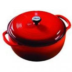 6 quart Dutch oven with lid. Porcelain enamel cast iron in graduated blue finish. 10.75 inch diameter. Convenient handles on base. Knob on lid - oven safe to 500 degrees. Hand wash with soapy water and plastic or nylon scouring pad. Dishwasher safe. Use only wooden or silicone utensils. Suitable for use on all cooking surfaces - even induction. Limited lifetime warranty. Turn your next batch of soup into a work of art by brewing and serving it in a Lodge Color Enamel 6 Qt. Dutch Oven in Caribbean. This large round enamel cast iron oven combines the utility of cast iron with the beauty of a graduated blue finish for a pot that is sure to become a cherished family heirloom. This classic has handy touches like the large, easy to grab knob - it's oven safe to 500 degrees - on the lid and the two handles on the base that make this a cook's best friend. Cast iron has excellent heat retention and diffusion properties, meaning cast iron vessels maintain heat and cook food thoroughly and evenly, no matter the cooking surface. It even works with induction heating. An enamel coating eliminates the need to season the metal and allows for more thorough cleaning, and makes the gorgeous graduated blue finish possible. dishwasher safe. About Lodge Manufacturing Founded by Joseph Lodge in 1896, Lodge Manufacturing is the oldest family-owned cookware foundry in America and is a market leader in cast iron cookware. Nestled alongside the Cumberland Plateau of the Appalachian Mountains is the town of South Pittsburg, Tennessee, where Lodge produces the finest cast iron cookware in the world. The company offers the most extensive selection of quality cast iron goods on the market, including skillets, Dutch ovens, camping cookware and more. Lodge is also an eco-responsible company, with programs to reduce hazardous waste, reuse foundry sand, establish new ponds for plant and animal life, and plant new trees on the Lodge campus. Color: Red.