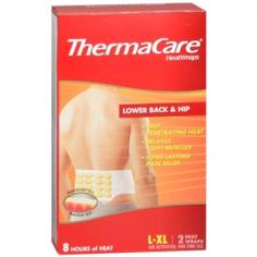 Lower Back & Hip Heat Wraps Large-Extra Large 2-Count Deep penetrating heat. Relaxes tight muscles. Long lasting pain relief. Patented heat cells penetrate deep. 8 hours of heat. Air-activated one-time use. Choose the right size ThermaCare back/hip wrap for you. Large and Extra Large: Women's Pant Size: Size 9 up to size 20; Men's Pant Size: 35 to 47 in. Indications Provides heat therapy for temporary relief of minor muscular and joint aches and pains associated with overexertion strains sprains and arthritis. Directions Tear open pouch when ready to use. Place on pain area on lower back or hip with darker heat cells towards skin. If 55 and older wear over a layer of clothing not directly against your skin. It may take up to 30 minutes to reach therapeutic temperature. Adjust for comfort. Do not over-tighten. Wear up to 8 hours. Do not wear for more than 8 hours in any 24-hour period. Place wrap flat. Do not fold or bunch as your risk of burn is increased. Warnings This product can cause burns. 55 or Older: your risk of burning increases as you age; wear ThermaCare over a layer of clothing not directly against your skin; do not wear while sleeping. Check skin frequently during use. If you find irritation or a burn remove product immediately. Do not use if heat cell contents leak and/or wrap is damaged or torn; for more than 8 hours in a 24-hour period; with pain rubs medicated lotions creams or ointments; on unhealthy damaged or broken skin; on areas of bruising or swelling that have occurred within 48 hours; on areas of the body where you can't feel heat; with other forms of heat; on people unable to remove the product including children infants and some elderly; on people unable to follow all use instructions. Ask a doctor before use if you have diabetes; poor circulation or heart disease; rheumatoid arthri
