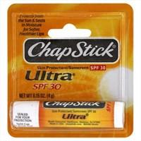 ChapStick Ultra Skin Protectant / Sunscreen SPF 30 Protects from the sun & seals in moisture for softer, healthier lips Helps prevent and temporarily protects chafed, chapped or cracked lips Higher SPF 30 gives more sunburn protection. Ingredients Octinoxate (7.5%), Octisalate (5%), Octocrylene (7%), Oxybenzone (5%), White Petrolatum (30%). Inactive Ingredients: Aloe Barbadensis Leaf Extract, Alumina, Arachidyl Propionate, Artificial Flavor, Bht, Cetyl Alcohol, Colloidal Silicon Dioxide, Copernicia Cerifera (Carnauba) Wax, Ethylhexyl Palmitate, Isopropyl Lanolate, Isopropyl Myristate, Lanolin, Medium Chain Triglycerides, Methylparaben, Mineral Oil, Octyldodecanol, Oleyl Alcohol, Paraffin, Phenyl Trimethicone, Polyhydroxystearic Acid, Propylparaben, Saccharin, Silica, Titanium Dioxide, Vitamin E Acetate, White Wax. Warnings Stop use and ask a doctor if rash or irritation develops and lasts. Keep out of reach of children. If swallowed, get medical help or contact a Poison Control Center right away. Sun alert: limiting sun exposure, wearing protective clothing, and using sunscreens may reduce the risks of skin aging, skin cancer, and other harmful effects of the sun.