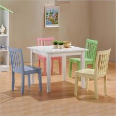 This fun youth table and chair set will be a lovely addition to the youth bedroom in your home. Your children will love to play and snack around this simple White square table. Vertical slat back side chairs scaled for children surround the table in four different soft colors that will blend easily with your child's decor. Add this fun five piece table and chair set to your home for a touch of simple style in your child's playroom or bedroom. Dimensions: Table Info: Square Youth Table with Square Tapered Legs. Side Chair Info: Vertical Slat Back Youth Side Chair. Table: 30W x 30L. Chairs: 17W x 15.5D x 28.5H. Material and Finish: Finish and Paint Options: White table with soft blue pink green and yellow side chairs. Style Elements: Style: Casual. Case Detail: Square tapered legs clean lines straight smooth edges.