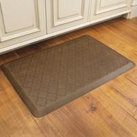 Trellis by WellnessMats is a premier anti-fatigue mat. This revolutionary floor mat is ergonomically engineered and medically proven to provide unsurpassed comfort, safety, relief and well-being while you stand. WellnessMats are perfect in the kitchen, vanity, laundry and even in the garage. Proudly made in the USA, WellnessMats continue to be proven effective and virtually indestructible in the toughest commercial environments. WellnessMats are the mat of choice for world-renowned chefs and are found in professional and residential kitchens, hotels, airports, spas and retailers all over the world. WellnessMats' unique one-piece construction from a proprietary formulation of 0.75-inch thick, 100-percent polyurethane is the gold standard for anti-fatigue mats. Pattern/color: Trellis antique light Exceptional comfort Resistant to punctures, tears, abrasions, stains, slips and wear Safe and non-toxic, PVC and BPA-free (so no noxious smells or off-gassing) Will always lie flat, never delaminate or curl up at the edges, never compress or wear through Easy care: Simply wipe clean with a damp cloth or sponge, use any common household cleaner or sweep clean of dirt and dust Materials: 100-percent polyurethane Dimensions: 36 inches long x 24 inches wide x 0.75 inch thick Model: MT32WMRLT The digital images we display have the most accurate color possible. However, due to differences in computer monitors, we cannot be responsible for variations in color between the actual product and your screen.