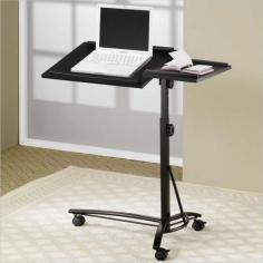 This simple and stylish laptop stand offers convenient laptop use wherever you are in your home. The desk has an adjustable height swivel top with a larger section for your computer and smaller section for your mouse. The height of the desk surface adjusts from 24.5 inches to 33.75 inches high to meet your needs. The Black top will complement your home decor while adding great function. Tilt the surface for comfortable use while ridges at the edge hold your laptop in place. Casters at the base make the stand mobile too for the perfect finishing touch. Width (side to side): 28.25" W. Height (bottom to top): 33.75" H. Depth/Length (front to back): 19" D.