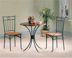 Coaster - Dinette Sets - 5939 - Adorn your breakfast nook or casual dining area with the simple yet romantic designs of this three piece bistro dining set The gentle curves of the metal pedestal base compliment the round wooden table top that is bathed in a warm finish The two side chairs mirror the bistro table with wooden seats and a unique metal seat back Create the perfect environment to enjoy your morning cup of coffee, Sunday newspaper, or casual meal with this three piece bistro group Round Bistro Table with Wooden Top and Metal Pedestal BaseTwo Side Chairs with Wooden Seat and Unique Metal Seat BackMetal and Wood composition Smooth clean edges and metal legs and pedestal Smooth wooden top Casual Specifications: Table dimensions: 30D x 30W x 30H inches Chair dimensions: 15W x 17.75D x 37H inches Seat height: 17.8H inches Weight: 52.91 lbs.
