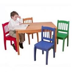 KidKraft's Euro Table and 4 Chair Set provides kids with a wide-open space for eating, learning and playing together. With its fun, vibrant colors and smart design, this wooden furniture set would be perfect for any household with children. Features: Honey table designed with growing children in mind One chair each in blue, green, red, and honey Made of wood Sturdy construction Specifications: Table: 35.4"x23.6"x24"H; Chair: 13.4"x11.4"x26.4"H Ages: 3 & up Gift wrap not available.