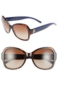 Tory Burch Plastic Butterfly Sunglasses, Havana/Navy Details Sunglasses by Tory Burch. Polished Havana acetate frames with solid navy arms. Butterfly frames flatter most face shapes. Large gradient lenses. Golden T logo temples. 100% UVA/UVB protection. Imported. Designer About Tory Burch: Tory Burch is a luxury lifestyle brand defined by classic American sportswear with an eclectic sensibility. It embodies the personal style and spirit of its CEO and designer, Tory Burch, who creates stylish and wearable clothing and accessories for women of all ages. Color: NAVY. Material: Acetate.