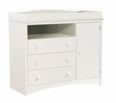 Contemporary Baby Furniture Pure White Changing Table by South Shore 2280331. This elegant changing table with fresh clean lines, profiled edges, and stylized decorative kickplate will highlight your baby`s bedroom decor. It provides plenty of drawer storage space and has an adjustable shelf behind the door. Fresh Pure White finish, Wooden knobs, Plenty of drawer space. Greater changing-area depth, Decorative moulding, 1 adjustable shelf behind door, 3 drawers, 1 door, and 1 open storage space. Innovative drawer Smart Glides with lifetime warranty, Child-friendly safety catches on drawer glides, Manufactured from engineered-wood products, Assembly required. Specification This item includes: SS-2280331 Contemporary Baby Furniture Pure White Changing Table 47 x 20 x 41 Please refer to the Specifications to determine what items are included since sometimes the image shows more or less items. If you are not sure, please contact us and our customer service will be glad to help.