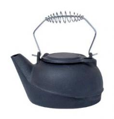9.75"L x 8"W x 9"H. Black cast iron. Holds 2.5 quarts of water. Adds moisture to the air. Kettle rests atop of wood burning stove or hangs on a spit above an open fire. Steam escapes from large spout into the room helping eradicate dry air from wood fires. Durable metal coil.