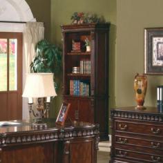 This Tucker Open Bookcase is a rich walnut finish is constructed of hardwood solids and has intricately carved details. There are three open shelves and two doors that provide enclosed storage. Add this piece to provide additional storage in your home office. Combine this piece with other pieces from the Tucker collection for a cohesive, professional look. Hutch, credenza, 3 drawer chest and front desk are not included and are all sold separately. Materials: engineered wood solids and veneers. Dimensions: 37"L x 17"W x 81"H Weight: 160.68 lbs.