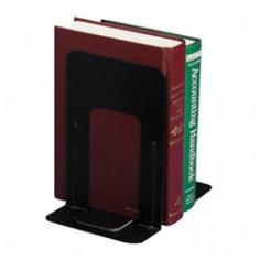 Bookends feature a sturdy steel ribbed construction and chip-proof enamel coating. Nonskid model includes foam padded base to help prevent slippage and scratching. Placement: Desktop. Color: Black. Features: Non-skid Base. Features: Chip Resistant. Dimensions: 9 H x 8.18 W x 5.87 D. Application/Usage: Book Storage. Packaged Quantity: 1 Pair. Material: Steel.
