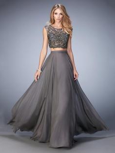 Inexpensive Floor-length Chiffon Tulle Beading Two-pieces Scoop Neck Formal Dresses