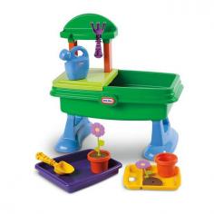 Pretend gardening table for growing kids' imaginations. 2 pots, 2 flowers, and 2 soil disks for planting. Includes real watering can and table basin with plug. Accessories can be stored inside under the purple tray. Includes tray, rake, shovel, watering can, sifter tray. Dimensions: 23L x 14W x 21H in. The perfect way to grow a green thumb on your child is with the Little Tikes Garden Table. Kids have a natural curiosity about nature. Pretending to have a real garden table of their very own promotes this affinity and will help them down the road as they learn about science and what to watch for when really growing their own plants. And one of the best ways for children to learn is through play modeling. Having seen you in the garden, they can then go back to their table and subconsciously figure out on their own what grown-ups are doing and why. And with the detailed accessories included - like the rake, shovel, working watering can, and pots and flowers - this set feels real and helps foster their creative efforts even more. Parents will also love how easily everything cleans up. The tub table has a drain at the bottom so emptying it is quickly and neatly done. And all the tools and toys can be stored inside the table beneath the purple tray. About Little TikesFounded in 1970, the Little Tikes Company is a multi-national manufacturer and marketer of high-quality, innovative children's products. They manufacture a wide variety of product categories for young children, including infant toys, popular sports, play trucks, ride-on toys, sandboxes, activity gyms and climbers, slides, pre-school development, role-play toys, creative arts, and juvenile furniture. Their products are known for providing durable, imaginative, and active fun. In November of 2006, Little Tikes became a part of MGA Entertainment. MGA Entertainment is a leader in the revolution of family entertainment. Little Tikes services the United States from its headquarters and manufacturing facility in Hudson, Ohio, but also operates several manufacturing and distribution centers in Europe and Asia.