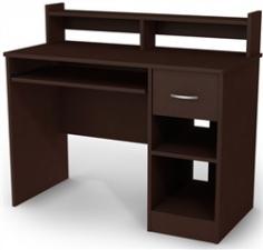 Organize Your Children's Room Or Study With This Small Desk Chocolate You don't need to hire an interior decorator to give your children their own study nook with this South Shore Essentials small desk in chocolate. For times when you need to have plenty of space for a new computer, monitor and keyboard, this piece of furniture is an ideal option that comes complete with everything your young students need. The compact design saves space while providing ample room for homework, laptops and paperwork. Since the desktop is made from recycled fibers, you can help the planet and educate the future at the same time. The small desk chocolate gives you two open shelves along the side, so you can easily store spare paper, supplies or a central processing unit. The desktop also features a sliding shelf underneath that holds a keyboard or mouse. Designed with metal, the slides have safety stops and provide you reliable furniture at the most affordable price. The chocolate finish complements any room in the home and adds a touch of class to your son's or daughter's study. In addition, the small hutch has an open back that makes snaking cables and electrical wiring easy.