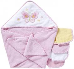Keep your bathing beauty clean, warm and cozy with the SpaSilk Hooded Towel and Washcloths Set. This adorable set features 1 towel with a pretty butterfly applique on the hood; 4 coordinating washcloths are also included. The SpaSilk Thick Terry Hooded Towel Set with 4 Washcloths - Butterfly Applique Pink features: Includes 1 hooded towel and 4 washcloths Pink towel is accented with a butterfly applique and flower embroidery on the hood Hood offers extra warmth Matching washcloths (2 pink, 1 yellow, 1 white) each have polka-dot trim; yellow and white cloths feature embroidered accents Made of 100% cotton terrycloth material (exclusive of decoration) Towel Dimensions: 29 x 30 inches; Washcloth Dimensions: 9.5 x 9.5 inches Machine wash warm, tumble dry low
