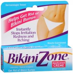 Misc: Dermatologist tested. Helps get rid of bikini bumps. Instantly stops irritation redness and itching. Results guaranteed. Lidocaine. Topical analgesic. Get rid of bikini bumps. Use after: shaving; depilating; waxing. Bikini Zone Medicated Creme is specially formulated to provide fast relief from the bumps, irritation and pain that occurs in the sensitive bikini area after shaving, waxing or depilating. Bikini Zone absorbs instantly as you apply it. You'll start to feel relief from the irritation, redness, pain and itching immediately. Bikini Zone also works to smooth away the appearance of embarrassing bikini bumps. Plus, Bikini Zone will not stain lingerie, swimsuits or clothing. Use Bikini Zone all year long to keep your bikini area skin irritation free and beautifully smooth. For fast and easy hair removal, try Bikini Zone Shave Gel, Wax Strips, Creme Hair Remover and Microwave Wax. They're specially formulated for the sensitive bikini area. For more information visit us at www. bikinizone.com.