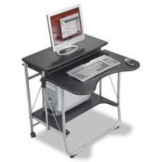 This sleek black-and-silver setup is perfect for the home or office computer. Ample shelf space beneath desk will easily fit printer or drive, plus extra cads or paperwork, while keyboard shelf is the right height to keep hands typing and allow eyes to focus on the elevated screen. Not to mention flexibility - to move this workstation, simply fold it up to easily transport your ideal desk wherever you need it! * 0.63 in. thick black laminate surfaces. Accommodates full-size CPU, monitor and keyboard. Brushed silver metal frame with two 2 in. casters. Release buttons on each side. Folds to slim 4.5 in. depth for easy storage and mobility. 27.5 in. L x 29.5 in. W x 29.5 in. H (38 lbs.). Warranty. Care and Maintenance. Assembly Instructions The design of the Fold-N-Go workstation makes it a great choice for smaller work areas.