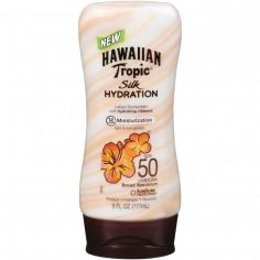 New 12 Hour Moisturization br Tanning Sunscreen Lotion with Hydrating Ribbons Light Non-Greasy 1 Broad Spectrum UVB UVA SPF 50 3 SunSure Protection 5 Protect, Pamper Nourish 4 Water Resistant Hawaiian Tropic Silk Hydration sunscreen pampers your skin like no ordinary sunscreen! The breakthrough dual ribbon formula combines strong protection with luxurious, hydrating silk protein to wrap your skin in continuous moisture and help you maintain luminous skin in the sun. Plus, its light, tropical fragrance stimulates your senses for a completely captivating in-sun experience! Skin Cancer Foundation - Recommended daily use. Sun alert: Limiting sun exposure, wearing protective clothing, and using sunscreens may reduce the risks of skin aging, skin cancer, and other harmful effects of the sun. 1-800-NO UV RAY