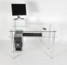 This contemporary style glass and aluminum computer desk will be a great addition to any home or office. The thick 8mm tempered clear glass desk top gives this desk a distinguished finish Two shelves provide ample storage space for your printer and the tower The desk is supported by round metal tubing making this desk versatile as well as attractive With casters this computer desk is easily moved from space to space if need Easy to assemble Great For laptops 29-1/4" tall X 42-1/2" wide X 24" deepNOTE: SHOW IN BLACK (same dimensions)