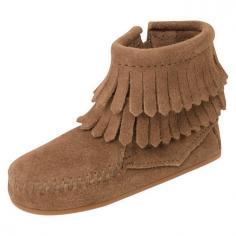 Start her wardrobe right in the Double Fringe Bootie from Minnetonka Kids! Genuine glove tanned suede uppers feature double fringe layers. Side zip closure for a secure fit. Man-made lining and footbed. Lightweight crepe outsole is durable and offers increased grip and traction. Imported. Measurements: Weight: 4 ozCircumference: 5 1 2 inShaft: 3 1 4 inProduct measurements were taken using size 3 Infant, width M. Please note that measurements may vary by size.