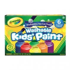6 assorted colors! Nontoxic. Crayola washable paints are designed to easily wash from skin and most children's clothing. Crayola Washable Kids' Paint is packed with bright, mixable colors and is ideal for introducing children to the joys of painting and self-expression! This nontoxic washable formula is perfect for painting, arts and crafts, posters, and school projects. Fun Paint Projects: use Crayola Kids' Paint to make your own decorative boxes or wrapping paper. Use various brushes, stamps or sponges to create interesting patterns on recycled craft paper or old boxes. Dress up the packages with ribbons or yarn. 6 Colors Included: red; orange; yellow; green; blue; violet. Conforms to ASTM D 4236. All Crayola art materials are nontoxic. CE listed. Made in USA.