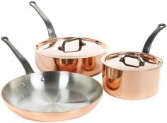 This 5-pc. Cookware Set from Mauviel's Cuprinox Style line has all the essential pots and pans needed to whip up fine food in the kitchen. Best of all, they're crafted from copper and have a stainless steel interior that won't interact with foods and makes for easy cleaning. Copper is a terrific choice for cookware because it is twice more conductive than aluminum and ten times more conductive than stainless steel. No wonder copper is the most preferred material of cookware by popular chefs and avid home cooks; its ability to heat up evenly and rapidly and to cool down just as quick allows for maximum control and excellent cooking results. Its tight-fitting lid seals in flavors, moisture, and nutrients, making your food extra tastier! With this set, you can saute, stir-fry and produce delicious seared foods! Please handwash with mild dish soap. Made in France. Set exterior is 90 copper alloy with interior 18/10 stainless steel. Set Includes: 1.9-qt. Covered Sauce Pan 3.5-qt. Covered Saute Pan 10.2-in. Fry Pan Mauviel, a French family business established in 1830 and located in the Normandy town of Villedieu-les-Poeles, is the foremost manufacturer of professional copper cookware in the world today. Highly regarded in the professional world, with over 170 years of experience, Mauviel offers several different lines of copper cookware to professional chefs and home cooks that appreciate the benefits of their high quality products.