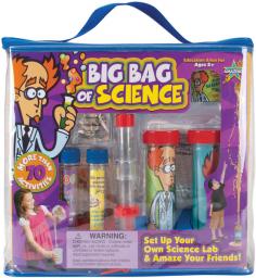 BE AMAZING TOYS-Big Bag of Science. Set up your own science lab and amaze your friends! This kit includes everything you need to complete more than 70 activities including test tubes; mixing trays; cups; dishes; wire; marbles; assorted powders and powders and activators and instructions and measures 12x13x4 inches. Recommended for ages 8 and up. WARNING: CHOKING HAZARD: Children under 8 years can choke or suffocate on uninflated or broken balloons. Adult supervision is required. WARNING: CHOKING HAZARD-Small Parts. Not for children under 3 years. WARNING: This set contains chemicals that may be harmful if misused. Conforms to ASTM F963. Imported.