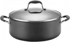 Anolon Anolon Advanced, 7.5-Quart Covered Wide Stockpot: 7.5-Quart Covered Wide Stockpot Black #82825 This Anolon Advanced extra wide stockpot is your go to party piece. Whether you're boiling pasta, making a batch of chili or cooking grains, this pan is just the right size to accommodate friends and family. When it's not on the stovetop, its two short side handles help it take up less space in your cabinet for easy storing. - Restaurant tested by professional chefs, the DuPont Autograph 2 nonstick coated interior and exterior is safe for use with metal utensils. This nonstick surpasses all other standard nonstick formulas, providing maximum food release and easy cleaning. - Hard-anodized construction heats quickly and evenly, reducing hot spots that can burn foods. Twice as hard as stainless steel, this hard-anodized construction is preferred for its extraordinary durability. - Anolon SureGrip handles are a comfortable combination of stainless steel and silicone. Dual riveted and oven safe to 400 F/206 C. - The break-resistant glass lid allows constant monitoring of cooking foods without losing heat or moisture. - Lifetime Limited Warranty Material Type: Hard Anodized Aluminum Oven Safe: 400? Lifetime Limited Warranty - Cookware and Bakeware
