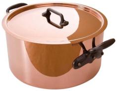 This 6.5-qt. Stew Pan with Lid and Cast Iron Handles can be used as a stockpot or a casserole. You can use it to braise, roast, make soups or giant batches of sauces! It's also great for boiling water or making a large batch of chili. It is also ideal to use for recipes that require high-heat sauteing and sustained simmering. It's crafted from copper and has a stainless steel interior that won't interact with foods and makes for easy cleaning. Copper is a terrific choice for cookware because it is twice more conductive than aluminum and ten times more conductive than stainless steel. No wonder copper is the most preferred material of cookware by popular chefs and avid home cooks; its ability to heat up evenly and rapidly and to cool down just as quick allows for maximum control and excellent cooking results. Please handwash with mild dish soap. Made in France. The Cuprinox cookware line features an extra-thick 2.5mm copper exterior and includes a thin layer of stainless steel on the interior of the line's pots and pans. The stainless interior resists sticking, doesn't react with acidic foods, and cleans easily with a sponge. The cookware also offers durable handles anchored with rivets that hold up to heavy use. Mauviel, a French family business established in 1830 and located in the Normandy town of Villedieu-les-Poeles, is the foremost manufacturer of professional copper cookware in the world today. Highly regarded in the professional world, with over 170 years of experience, Mauviel offers several different lines of copper cookware to professional chefs and home cooks that appreciate the benefits of their high quality products.
