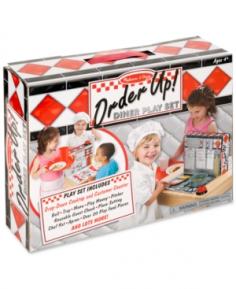 Did someone order a compact, activity-packed, play-setting in a box? Order up! This double-sided play set features life-size play scenes built right into the box, so there's plenty of room for a make-believe chef, waiter, and patron to play restaurant from breakfast time to midnight snack. Just open the side panels to reveal a diner booth backed by a griddle and stovetop. In between, a menu's worth of coordinating play props are stored in the sturdy box, including reversible foods that change from raw to cooked with a flip of the spatula! In 1989 The Melissa & Doug Company started in the garage of the home where Doug grew up! Thanks to your support, the Melissa & Doug Company grew and was able to move into a real office down the road. Their philosophy has remained the same over the years-to make each and every customer a happy and permanent member of the Melissa & Doug family, while offering products with tremendous value, quality and design. Melissa & Doug have always welcomed customer suggestions, and they continually strive to make improvements to their products. Melissa & Doug are honored by the faith you place in them and view it as their responsibility to continue to earn your trust in the years to come! Melissa and Doug range of products include puzzles, preschool, play food, puppets, stuffed animals and gardening toys. Click here to check out even more Melissa & Doug items!