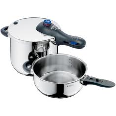 Set includes 6.5-qt. pressure cooker with lid and 3-qt. base. Residual pressure locking with colored indicator. Graduated scale on inner pan to measure liquid amounts. Stay-cool ergonomic handle detaches for easy cleaning. Made of Cromargan 18/10 stainless steel. Cut the time you in spend in the kitchen cooking and cleaning up with the WMF 07.9389.9300 Perfect Plus 6.5 qt. / 3 qt. Stainless Steel Pressure Cooker Set. The set includes two different-sized bases that both work with the accompanying lid. Equipped with a TransTherm base and a color indicator, food cooks evenly, safely, and quickly. A safety feature system signals a need to reduce heat if there's excessive pressure build-up, and a graduated scale on the inside of the pan makes measuring easy. Set Includes:6.5-qt. pressure cooker Lid3-qt. baseWMF Americas, Inc. From the best restaurants and hotels to the sophisticated home chef's kitchen, carefully crafted products by WMF Americas, Inc. are revolutionizing the way people cook and enjoy meals. Its products include cookware, flatware, tableware, and commercial coffee machines. Each product is constructed for durability, function, and style appeal in attempt to make cooking easier, safer, and more enjoyable and make meals simply more beautiful. With more than 150 years of experience, the company is committed to high quality and exceptional reliability.