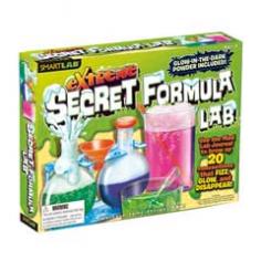 SMARTLAB-Extreme Secret Formula Kit. Kids try their hand at mad science using a beaker, funnel, mix-and-measure scoop, squishy- lidded bubble test tubes, and an abundance of glow-in-the-dark powder to concoct 20 experiments that glow, ooze, and stink up the kitchen. From glow-in-the-dark alien blood to scratch-and-sniff stickers, young scientists will never have so much fun with custom- designed tools and commonly found household ingredients! This kit includes 2 test tubes, 3-piece stand, mixing bowl, beaker, eyedropper, sticker sheet, measuring scoop, funnel, 8 grams of glow- in-the-dark powder and instructions. Recommended for ages 8 and up. WARNING: CHOKING HAZARD: Small parts. Not for children under 3 years. WARNING: This set contains chemicals that may be harmful if misused. Adult supervision required. Imported.