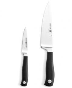 Cutlery Sets - Some knives are too clumsy for everyday work in the kitchen. Not this razor-sharp, easy-grip set. The 8" chef's knife and 3 1/2" paring knife are pros at cleaning, paring, slicing, chopping, mincing and dicing all kinds of food. Handmade in Germany since 1814, Wusthof cutlery is prized by the world's top chefs for restaurant and home cooking. The Grand Prix II line is precision forged of high-carbon, stain-resistant steel and skillfully honed by hand twice. Ergonomic poly handles ensure a comfortable, slip-resistant grip. Model: 9655.Product Features Precision forged from one-piece of high-carbon steel for greater stability and sharpness Skillfully hand-honed twice, stain-steel knives resist rust and stains Laser-controlled knife edges stay sharp longer with a more consistent blade angle Pebble-grained polymer handles offer a smooth, comfortable slip-resistant grip Dishwasher-safe, but hand-washing recommended Made in Germany Limited lifetime warranty - Chef's Knife Blade Length: 8" Overall Length: 13 1/4" Weight: 9 oz. Paring Knife Blade Length: 3 1/2" Overall Length: 7 3/4" Weight: 2 oz. Material: high-carbon stainless-steel; pebble-grained polymer Care Instructions Wusthof knives are dishwasher-safe but hand-washing is recommended. In the dishwasher, your Wusthof knife may bang against other cutlery or pots and pans and knick the blade. Wipe the knife clean with a wet cloth and dishwashing detergent. Dry immediately. Dry from the back of knife to the blade. No metal is completely stain-free. To prevent slight tarnishing, be sure to remove acidic foods (lemon, mustard, ketchup, etc.) from the blade after use. If blade should show some signs of staining, clean with a non-abrasive metal polish. To prevent irreparable blade damage, it is best to store your knife in a knife block or in-drawer knife tray.