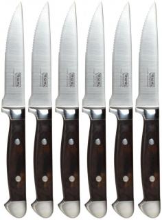 Slice a perfectly cooked steak with ease using the Viking Steakhouse Style Steak Knife set. Each restaurant grade knife is expertly honed from durable German stainless steel - the standard in quality blade material. The unique Pakkawood handles are double-riveted around the full tang construction, giving the knife a well-balanced feel and comfortable hold. Each water and stain resistant Pakkawood handle has a unique design due to the construction of this renewable material. The partially serrated blades allow you to easily slice into any type of steak. Delivered in a felt lined bamboo wood keepsake box, the Viking Steakhouse Steak Knife set makes a perfect gift for the discerning chef and entertainer. Features: Set of 6 Steakhouse Style Steak Knives with Bamboo Giftbox5 Mirror Polished BladeCorrosion & Stain Resistant 18/10 German SteelPartially Serrated Blades Slice Easily Through Thick or Thin SteaksDouble Riveted Water & Stain Resistant Pakkawood HandlesDurable Full Tang Construction with BolsterLimited Lifetime Warranty