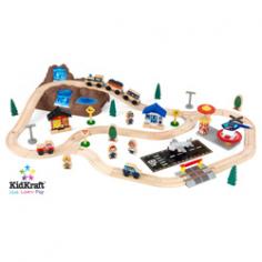 Solid birch wooden train set with accessories Compatible with Thomas & Friends and BrioColorful wood and plastic train with magnetic couplings Includes airport, mountain, fire station, and more61 pieces Recommended for ages 3 and up. There's a miniature world of activity and excitement packed into the KidKraft Bucket Top Mountain Train Set. This 61-piece train set will entertain the family for years to come. It creates an imaginative landscape complete with misty mountain top post office fire station airport and forest. Each of these active locations is connected to the others by the little train chugging from one destination to the next. It's easy to expand your track and become a wooden railroad tycoon. This train set is fully compatible with the popular Thomas & Friends and Brio wooden train sets. About KidKraftKidKraft is a leading creator manufacturer and distributor of children's furniture toy gift and room accessory items. KidKraft's headquarters in Dallas Texas serves as the nerve center for the company's design operations and distribution networks. With the company mission emphasizing quality design dependability and competitive pricing KidKraft has consistently experienced double-digit growth. It's a name parents can trust for high-quality safe innovative children's toys and furniture. Hauling freight has never been more fun than with this train set from KidKraft. This set comes with everything you need to design a train track that circles around and climbs the side of a mountain plus a police station helipad and airport to complete the town that your train track goes through. The track is made of birch wood and plastic and it is compatible with other wooden train sets so you can add on to it later.