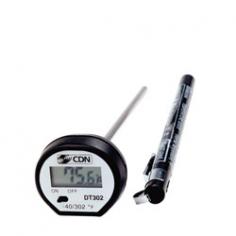 So simple to use-just switch this digital thermometer on insert the 4-3/4-inch stainless-steel probe into any food hot or cold and in no time an accurate reading appears to one-tenth of a degree Fahrenheit. The LED display registers temperatures ranging from -40 to 302 degrees Fahrenheit making the thermometer useful for testing everything from hard ice cream for Baked Alaska to a large roast. Since the thermometer head is not oven-proof the device should not be left in foods during cooking. Turning off the thermometer saves battery power but the only drawback to this product is that the on/off switch is tiny and difficult to move. The protective sheath for the thermometer features a pocket clip and loop to conveniently hold the probe and lists various types of meats along with the USDA recommended internal temperature for each. Clean the thermometer carefully by hand to avoid immersing the head in water. A five-year warranty covers the thermometer against defects. On/off switch conserves battery Digital cooking thermometer gives accurate reading Displays to one-tenth of one degree; easy to use and read Insert into meats removed from oven grill or microwave Temperature range is 40 to 302 degrees Fahrenheit
