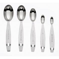 Take the guesswork out of recipes that call for unusual measurements of ingredients with these Cuisipro Stainless Steel 5-pc. Odd Size Measuring Spoons, which are a must for the avid home cook or baker. This set has the oddly sized spoons you need for those recipes that call for measurements outside the standard norm, whether it's 1/8 teaspoon of cinnamon or 2/3 teaspoon of paprika. Each spoon is crafted from stainless steel that will hold up to years of use in your kitchen, and markings on the handles of the spoons let you quickly see the spoons' capacities at a glance. The set also comes with 1.5- and 2-teaspoon sizes that eliminate the need for using one measuring spoon several times, thereby minimizing the chance of forgetting the number of spoons you've added to your mix. In addition, a pinch spoon is included, so you aren't left wondering if your pinch was too big or too small for the intended recipe. The spoons are dishwasher safe for ease of cleanup. Features: Crafted from long-wearing stainless steel for extended performance Five-piece set includes pinch, 1/8, 2/3, 1.5- and 2-teaspoon sizes for use with a variety of recipes Each spoon is marked with its capacity Holes in ends for hanging if desired Eliminates guesswork when baking and cooking Dishwasher-safe design for fast cleanup Comes with 25-year warranty from Cuisipro for assurance of satisfaction