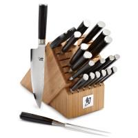 The Classic 21-Piece Deluxe Block Set from Shun contains everything you need in quality kitchen cutlery. ; 21-piece set includes: 6 x Steak Knives - glide through your steak with no serrations that can tear the meat. 1 x 2.5 Bird's Beak paring knife - the classic tool for making decorative cuts, delicate peeling and detail work. 1 x 3.5 Paring Knife - ideal for paring fruits and vegetables. 1 x 3.5 Vegetable Knife - for mincing small herbs and vegetables on a carving board, or other small precision tasks. 1 x 6 Serrated Utility Knife - great for onions, cheese or tomatoes. 1 x 6 Chef's Knife - great for a majority of cutting, slicing and dicing tasks. 1 x 8 Chef's Knife - perfect for slicing, dicing, and chopping small to medium-sized fruits, vegetables, and other foods. 1 x 7 Hollow-Ground Santoku Knife - designed for cutting vegetables, thin-boned meats, and fish; the hollow-ground edge keeps food from sticking to the blade as it slices. 1 x 9 Hollow-Ground Slicing Knife - nothing beats this essential knife when you want paper-thin slices. 1 x 7 Vegetable Cleaver - classic cleaver design makes short work of tough vegetables and chunks of meat. 1 x 6 Boning/Fillet Knife - expertly prep meat prior to cooking. 1 x 8 Offset Bread Knife - excellent for slicing bread or sandwiches. 1 x Carving Fork - holds food in place while slicing or carving. 1 x Kitchen Shears - a trusty essential for snipping herbs, or cutting twine or flower stems. 1 x Honing Steel - keeps everything sharp. 1 x 22-Slot Bamboo Knife Block. ; Exotic Japanese steel allows the knives to hold their razor sharp edges longer without excessive re-sharpening. ; High density VG-10 super steel cutting core is clad with 32 layers of SUS410/SUS431 high-carbon steel, creating a beautiful Damascus clad knife. ; Comfortable D shape Pakkawood composite handles provide a sanitary, sure grip. ; Hand wash with gentle dish soap that contains no bleach or citrus extracts, towel dry. ; Handcrafted in Seki City, Japan.