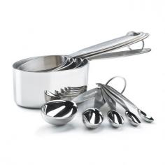 Set includes four measuring cups: 1/4 cup, 1/3 cup, 1/2 cup, 1 cup and 5 measuring spoons:1/8, 1/4, 1/2, 1 tsp, and 1 tbsp. Made of sturdy stainless steel. Oval shape with straight sides allows you to scoop ingredients easily from narrow containers, canisters or spice jars. Measurements are permanently stamped on spoon handles. Spoons feature handles that curl under, spoons will sit on the counter without tipping over.
