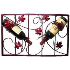 XQF1056: Features: -Wine bottles not included. -Sturdy iron construction. -Rich Merlot finish. -Durable powder coat finish. Product Type: -Wine bottle rack. Finish: -Red. Material: -Metal. Number of Items Included: -1. Hardware Material: -Metal. Mount Type: -Wall mount. Wine Bottle Capacity: -2. Dimensions: Overall Height - Top to Bottom: -16 Inches. Overall Width - Side to Side: -24 Inches. Overall Depth - Front to Back: -0.5 Inches. Overall Product Weight: -7 Pounds.