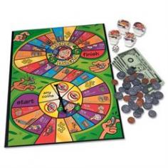 Make sense of dollars and cents! With replica coins and dollars that look just like real American currency, children will learn how to add, subtract, and exchange money as they play the game. As they move along the dollar-sign shaped path, kids will earn, spend, and exchange money on their way to the finish. The player with the most money wins the game, but everyone wins because they've learned valuable skills on how to handle and manage their money! Game comes with 100 plastic coins including replica quarters, dimes, nickels, and pennies, 10 play dollar bills, 4 game markers with stands, game board with built-in spinner, 1 game die, and game instructions. For 2-4 players, ages 7 and up. WARNING: CHOKING HAZARD - Small parts. Not for children under 3 yrs.