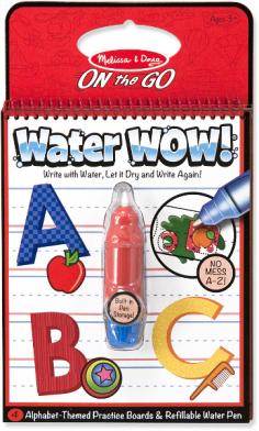 This exciting activity book includes four reusable pages and a refillable water pen. Use the pen to fill in each activity, from coloring in boxes to tracing letters, and see hidden colors and pictures appear with every stroke! Then simply let the page dry to erase the pictures and fill it in again and again. This alphabet-themed book includes every letter of the alphabet (uppercase and lowercase) to trace, alongside pictures of familiar objects to illustrate each sound. There are empty lines for practice, too! The chunky-sized water pen is easy for kids to hold and stores neatly right in the front cover.