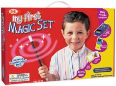 Discover the world of magic with this My First Magic Set from Poof-Slinky. The tricks you'll learn in this set are a great introduction to this fun and exciting art form and are a great way to develop new skills like creativity and self-confidence. Brand: Poof-Slinky My First Magic Set Model: PS0C486 Helps kids discover the world of magic The tricks learned with this set are a great introduction to this fun and exciting art form Recommended for ages 4 years and older Dimensions: 9 inches high x 14 inches wide Kit Includes One (1) drawer box One (1) crayon trick Jumbo crayons Color cube Color cube insert Magic paint card Magic cat puzzle Curved strips Plastic shaft Plastic shaft cubes Ball and vase trick Lollipop trick One (1) magic wand One (1) instruction booklet Instructional DVD WARNING: Choking Hazard. Not recommended for children under 3 years.