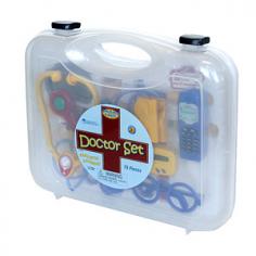 19 piece play doctor set. Helps to ease kid's anxiety over doctor's visit. Stores all plastic pieces in sturdy, portable case. Recommended for ages 3 years and up. Plastic case measures 14L x 12W x 3.5H inches. About Learning ResourcesA leading manufacturer of innovative, hands-on educational materials and learning toys, Learning Resources has been teaching children through play in the classroom and the home for over 25 years. They are a trusted source for educators and parents who want quality, and award-winning educational products. Their diverse product line of over 1300 products serves children and their families, kindergarten, primary, and middle school markets focused on the areas of mathematics, science, early childhood, reading, Spanish language learning, and teacher resources. Since their founding in 1984, Learning Resources continues to be guided by its mission to develop quality educational products that make learning exciting for children of all ages and abilities. They strive to create hands-on products that build a concrete foundation of skills through exploration, imagination, and fun. Help your child feel good about his or her next visit to the doctor with this play doctor set from Learning Resources. Your child can enact a real doctor's visit or just have fun playing with the set's 19 pieces, which range from a stethoscope to a thermometer. A portable plastic case makes the set easy to clean up and take along on a visit to a friend's house. The realistic-looking pieces will give your child hours of imaginative play.