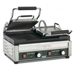 Get your split-top electric panini grill with two flat grills, two ribbed grills or one of each! Popular grilled panini sandwiches are quickly becoming a premier option on lunch and light dinner menus and this large sandwich press is ideal for preparing them in high-volume food service operations. The dual top plates each feature a hinged, auto-balancing design to accommodate foods up to 3-inches thick and individual thermostats allow you to set each side at its own temperature. The brushed stainless steel body and removable drip tray make cleanup a breeze. Grease drainage is incredibly simple, thanks to adjustable back feet. Additional features include heat-resistant handles and power and ready indicator lights for smooth operation. Features: Great for grilled panini sandwiches, hamburgers, chicken, vegetables, and much more. Removable drip tray. Hinged, auto-balancing top plate suits foods up to 3 thick. Adjustable thermostat to 570 F. Power and ready indicator lights. Safe heat resistant handles. Tough brushed stainless steel body construction. Ribbed cooking plates provide traditional grill marks. Once seasoned, cast iron surface enhances flavor and resists rust. Fast preheat, even heat distribution and quick cooking times.Specs: Cooking Surface Dimensions: 17 W x 9.25 D. 240 Volts - UL Listed, NSF Approved. Manufacturer's Warranty: Limited One Year Warranty.