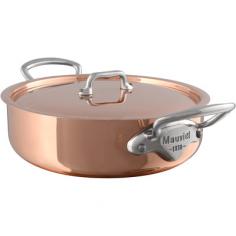 The M'hritage collection represents the total experience and heritage of Mauviel 1830, and is used by professionals and household cooks throughout the world. The collection is a combination of two powerful and traditional materials, copper and stainless steel. This blend of materials energizes the pleasure of cooking. The copper allows for unsurpassed heat conductivity and control, and the stainless steel interior is ideal for all daily cooking needs. The various handle options, cast iron, bronze or cast stainless steel, gives each range an aesthetic difference that meets the style for each cook. TheMauviel M'heritage 5.8 quart copper and stainless steel rondeau with lidis a shallow stock pot that's designed to let steam escape quickly during cooking. It's great for poaching eggs or for searing roasts on the stove top before moving them to the oven. Features: Bilaminated copper stainless steel (90% copper and 10% 18/10 stainless steel)High Performance: Copper heats more evenly, much faster than other metals and offers superior cooking control Superior durability with 1.5mm thickness Non-reactive: 18/10 stainless steel interior preserves the taste and nutritional qualities of foods and is easy to clean - no re-tinning. Copper cookware can be used on gas, electric, halogen stovetops, and in the oven. It can also be used on induction stovetops with Mauviel's induction stove top interface disc (sold separately)Mauviel cookware is guaranteed for life against any manufacturing defects (Warranty not valid for commercial use)Made in France.