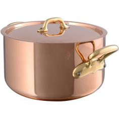 This 6.5-qt. Stew Pan with Lid and Bronze Handles can be used as a stockpot or a casserole. You can use it to braise, roast, make soups or giant batches of sauces! It's also great for boiling water or making a large batch of chili. It is also ideal to use for recipes that require high-heat sauteing and sustained simmering. It's crafted from copper and has a stainless steel interior that won't interact with foods and makes for easy cleaning. Copper is a terrific choice for cookware because it is twice more conductive than aluminum and ten times more conductive than stainless steel. No wonder copper is the most preferred material of cookware by popular chefs and avid home cooks; its ability to heat up evenly and rapidly and to cool down just as quick allows for maximum control and excellent cooking results. Please handwash with mild dish soap. Made in France. The Cuprinox cookware line features an extra-thick 2.5mm copper exterior and includes a thin layer of stainless steel on the interior of the line's pots and pans. The stainless interior resists sticking, doesn't react with acidic foods, and cleans easily with a sponge. The cookware also offers durable handles anchored with rivets that hold up to heavy use. Mauviel, a French family business established in 1830 and located in the Normandy town of Villedieu-les-Poeles, is the foremost manufacturer of professional copper cookware in the world today. Highly regarded in the professional world, with over 170 years of experience, Mauviel offers several different lines of copper cookware to professional chefs and home cooks that appreciate the benefits of their high quality products.