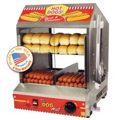 The Paragon Hot Dog Steamer is intended to set the standard par excellence for hotdog steamer machines. These Dog Hut hot dog roller machines by Paragon are ideal for use in rental shops, merchandiser stores, concession stands, vending carts, break rooms, fast food restaurants, snack bars, cafeterias and anywhere else you want to roll and merchandise hot dogs for sale. The brand NEW Dog Hut Hotdog Steamer is an exciting new product from Paragon, one of the industry leaders in concession equipment. The Dog Hut is designed to set the standard par excellence for hotdog steamers. It is ideal for use in rental shops, convenience stores, concession stands, mobile vending carts, break rooms, fast food restaurants, snack bars, cafeterias and much more! Stainless steel tongs included. Heavy Duty 20 gauge stainless steel construction throughout makes it the most durable hotdog steamer in its class. Removable product trays and sliding doors allow for easy access to hotdogs and buns and makes clean up a snap. All removable parts are dishwasher safe. Revolutionary proprietary heating system features heavy duty submersible stainless steel heating element. Low water warning indicator light and illuminated ON/ OFF switch. Adjustable thermostat increases versatility. Unit performs in all cooking and holding conditions. Accommodates up to a maximum of 200 hotdogs/sausages and 42 buns. 8 quart water pan for increased holding times and is the largest in the business. Quick to open water release valve eliminates burned fingers and spilled water. Divided food trays accommodate both hotdogs and/or sausages to be cooked and merchandised simultaneously. Small footprint. Cook and serve hotdogs in as little as 14" of counter space. Brilliant graphics on both sides allows for either front-counter or rear-counter merchandising. Tongs Included. Capacity: Holds up to 200 hot dogs and 42 buns. 8 quart water pan. Electrical Requirements: 120 Volts 1200 watts 10 amps. Approx cooking time: 15-45 minutes. Volts: 120. Watts: 1200. Amps: 10. Output/hr: 200 Dogs. Unit Dimensions: 13 1/2" W x 16" D x 20" H.