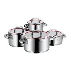 German made 18/10 stainless steel interior with aluminum core. Each lid is equipped for 4 functions. Features precise straining and pouring. Suitable for all stovetops including induction. Capacities marked on interior. Comfortable contemporary silicone handles. Hand washing is recommended. Every home chef dreams of the WMF Function 4 Cookware 8 Piece Set. With its beautiful and sleek design, the Function 4 line is made from an 18/10 stainless steel interior with aluminum core. Precision pouring rims and comfortable silicone handles round out these impeccable cookwares. The real magic, however, is in the lids. Each casserole pot in this set includes a lid equipped with 4 different straining or pouring functions. They also feature a heat-resistant silicone ring for noiseless turning. If that weren't enough, transparent glass allows for constant monitoring that can withstand the oven to 8&deg;C, and are dishwasher safe. Suitable for all stovetops, these Function 4's boast interior scales, TransTerm universal bases, and polished surfaces. Pick up the ultimate in cooking luxury and get to making your favorite meal tonight. Set includes:2.6-qt. casserole pot with lid2-qt. high casserole pot with lid4-qt. high casserole pot with lid6-qt. high casserole pot with lid About WMF Americas Group WMF has a steep history in sophisticated dining. In both retail and commercial venues, WMF has been synonymous with high product quality. For more than 150 years, they have been distributing functional and design-oriented products for all. Home also to prestigious brands of Silit, Hutschenruether, and Spiegelau, anyone looking for high quality cooking, dining, and drinking products can find exactly what they're looking for. Whether in the household, restaurants, hotels, or catering halls, WMF Americas Group products titillate the senses.